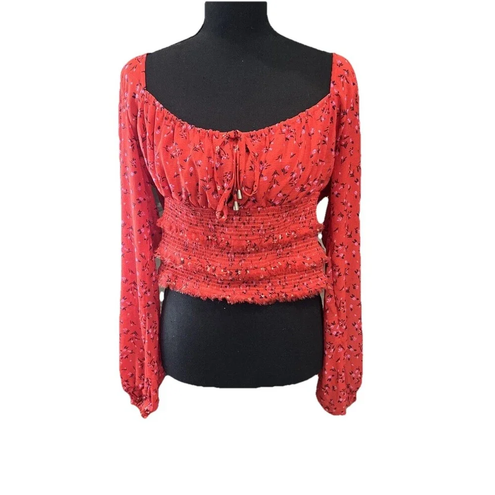 Free People Lolita Smocked Red Floral Top Women’s Medium Blouse Boho Chic Casual